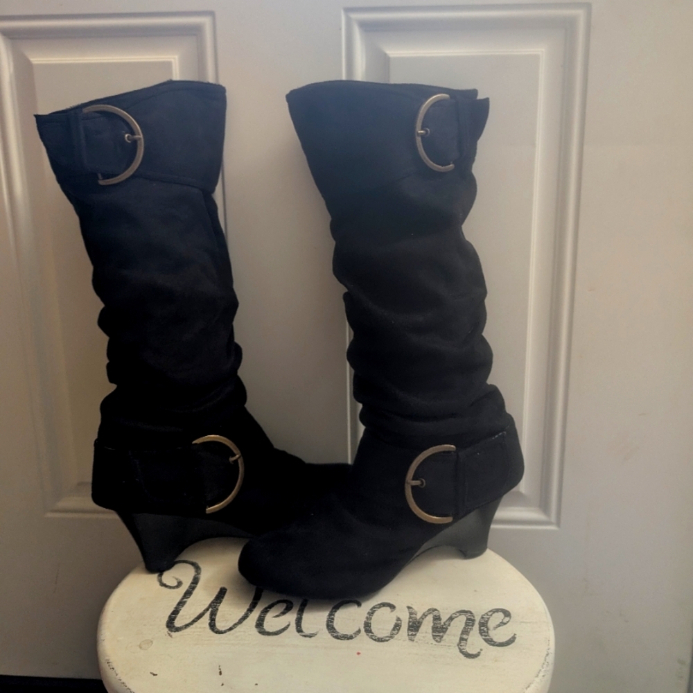 naughty monkey Black Slouchy Mid-Calf Heeled Boots with Buckle